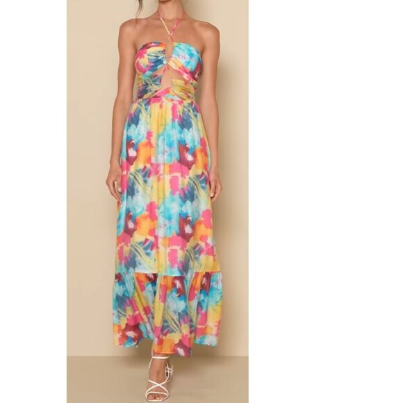 Lulus Stunning One Multi Abstract Print Drawstring Halter Maxi Dress Small NWOT - Picture 1 of 5